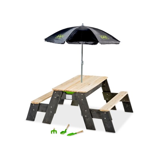 EXIT Aksent sand & water and picnic table (2 benches) with parasol and gardening tools