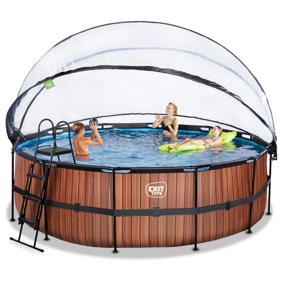 EXIT Wood pool ø450x122cm with sand filter pump and dome - brown